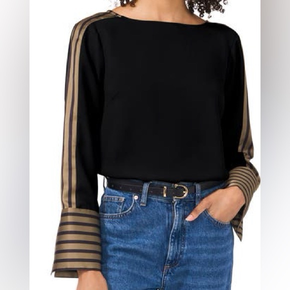 NWT VINCE CAMUTO Boat Neck Extended Cuff Shirt Blouse Black Stripe Size Large - Picture 2 of 10